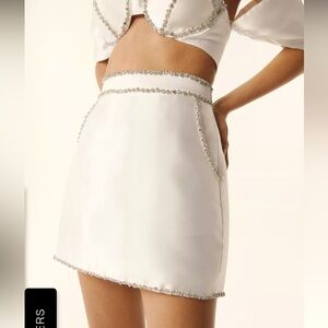 Nasty Gal Premium Embellished Satin Twill Mini Skirt White Ivory Crystal Stones